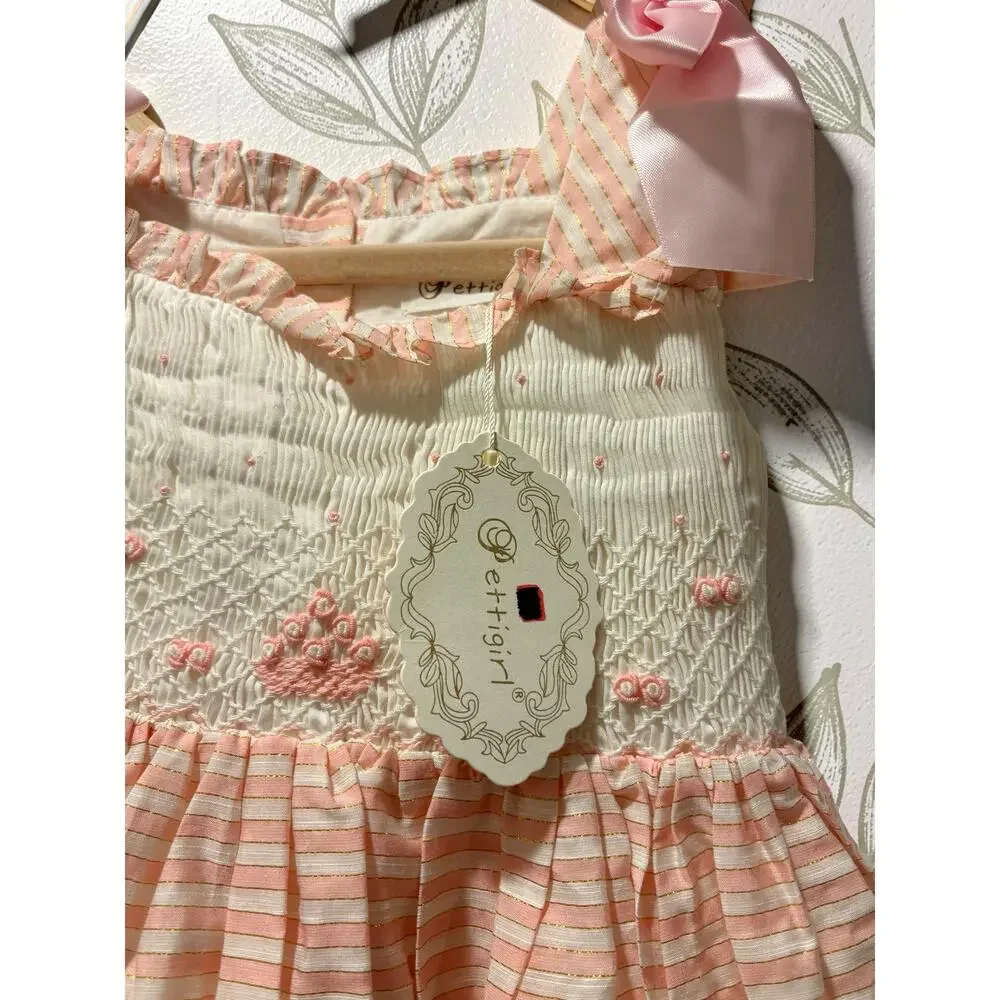 Pettigirl Girls Dress Size 5 Pink Stripe Smocked Bow 100% Cotton NWT Boutique